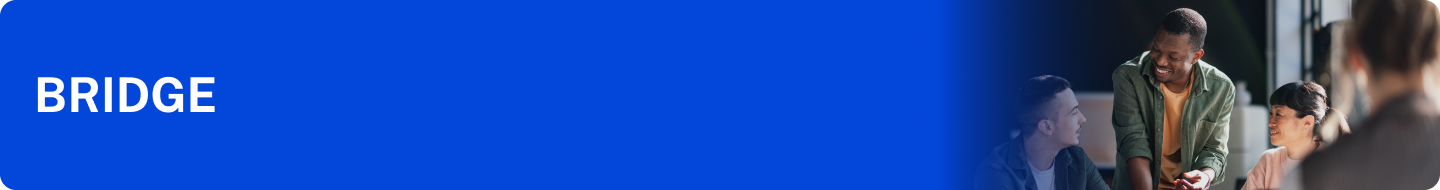 Banner - Bridge text - Three people conversing around a table, with a laptop and papers in view.