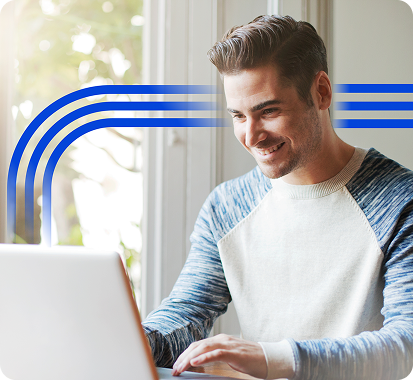 A professional using a laptop with blue abstract graphic lines in the background.