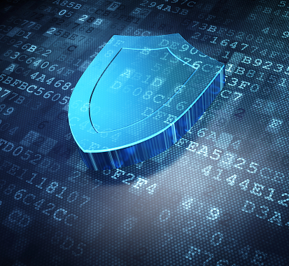 A glowing blue 3D shield icon resting on a digital background of scrolling hexadecimal code and binary data pixels.